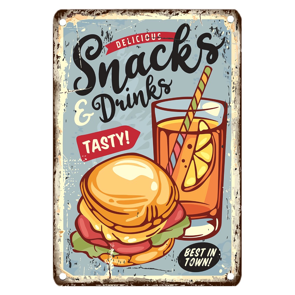 Food Snacks Easy - Vintage Gıda Metal Tabelası, 12x8 İnç